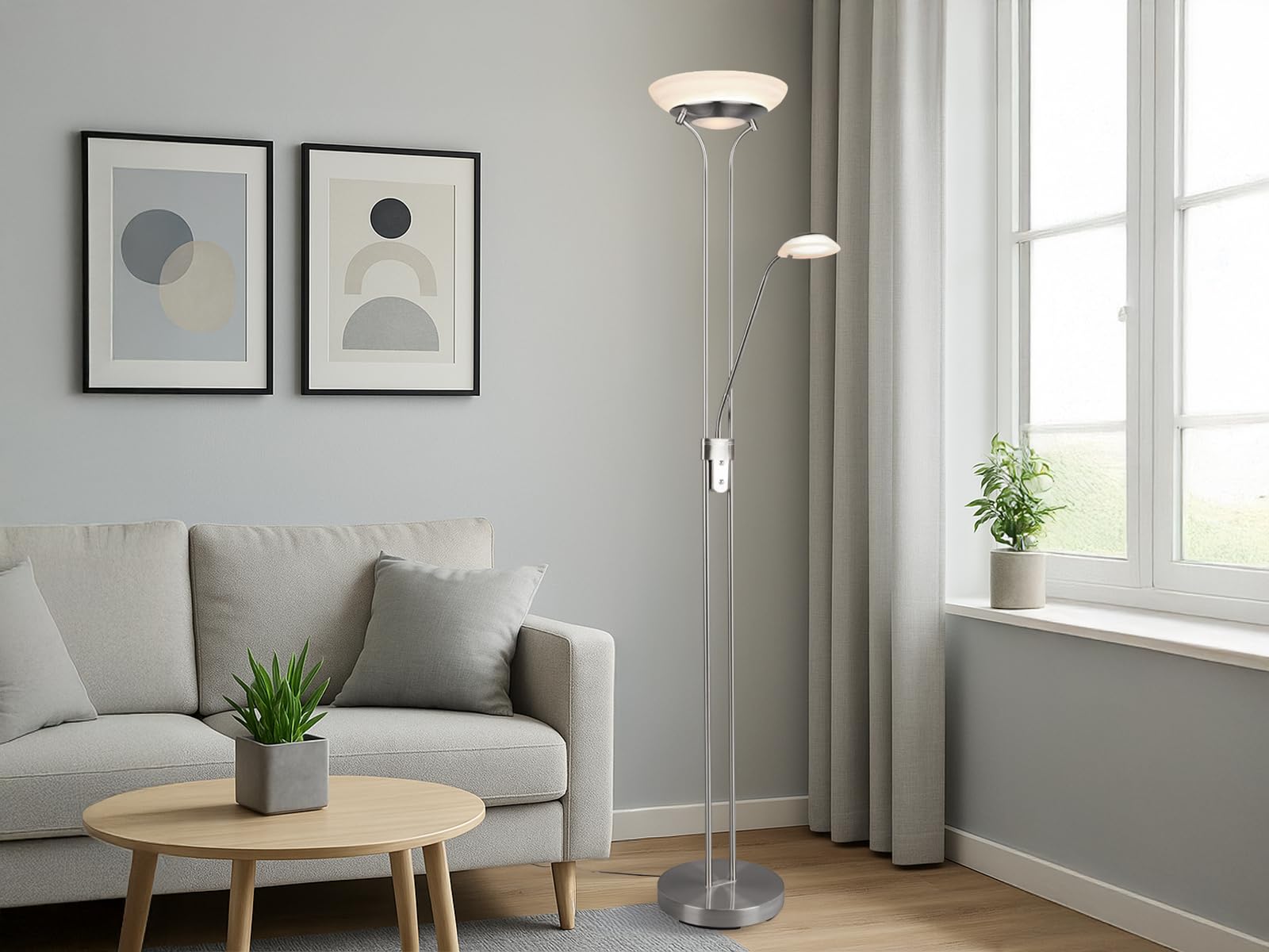 Reality Leuchten LED Stehleuchte Orson R40073507, Metall Nickel matt, Glas alabasterfarbig weiß, inkl. 27 Watt + 4.5 Watt, Dimmer |