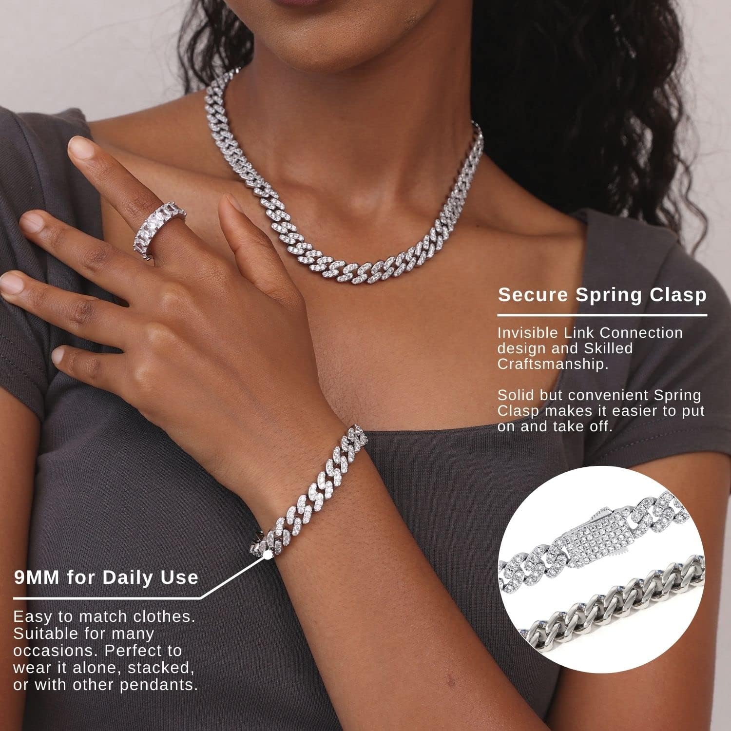 Iced Classic Spring Clasps 9mm Cuban Link Chain Necklace/Bracelet, Everlasting Shine 14k Gold/Silver Plated Diamond Choker, Prong-Setting 5A Cubic Zirconia Hip Hop Jewelry For Men Women with Gift Box