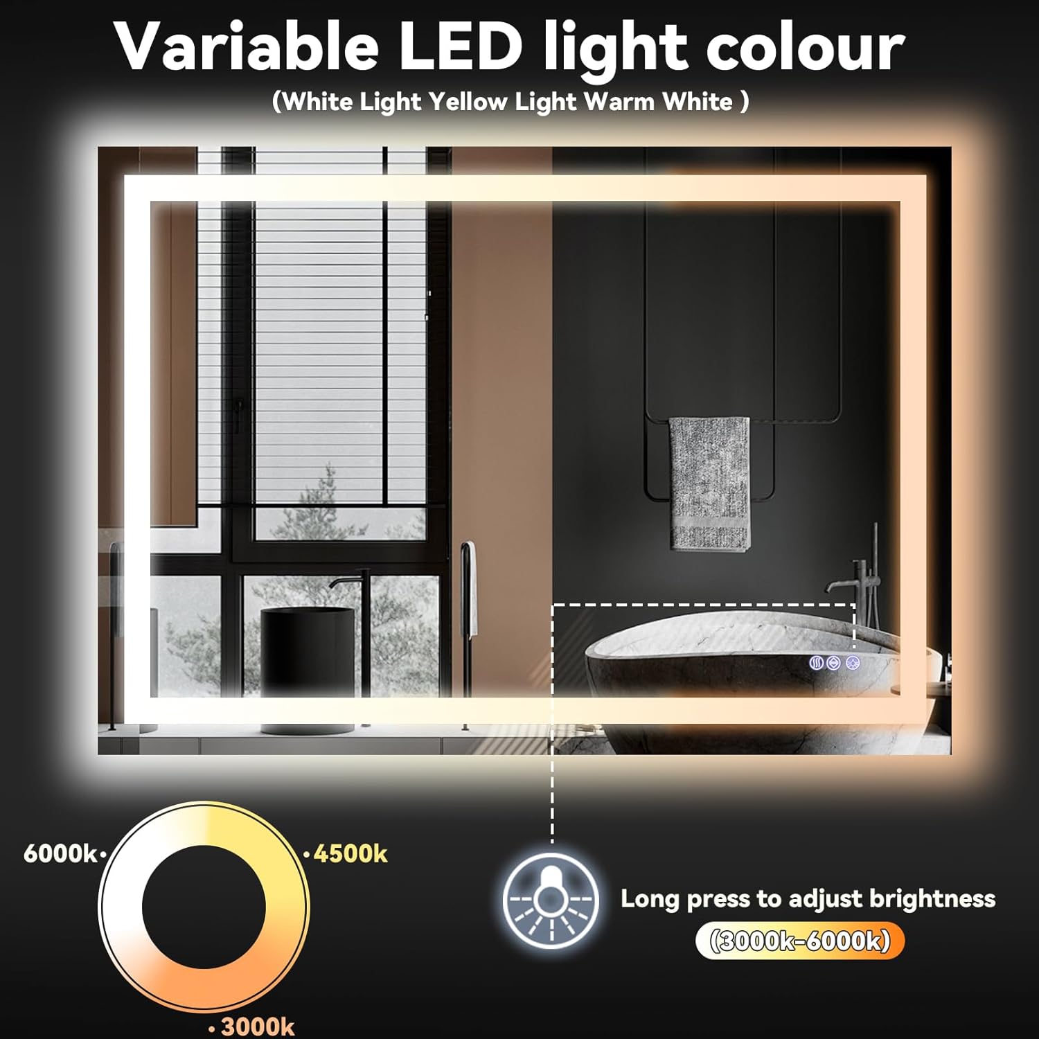 VooBang LED Bathroom Mirror 32 x 48 inches - 3 Adjustable Lighting Modes Lighted Smart Bathroom Vanity Mirror, Anti-Fog, Memory Function, Tempered Glass, Wall Mounted Horizontally Vertically