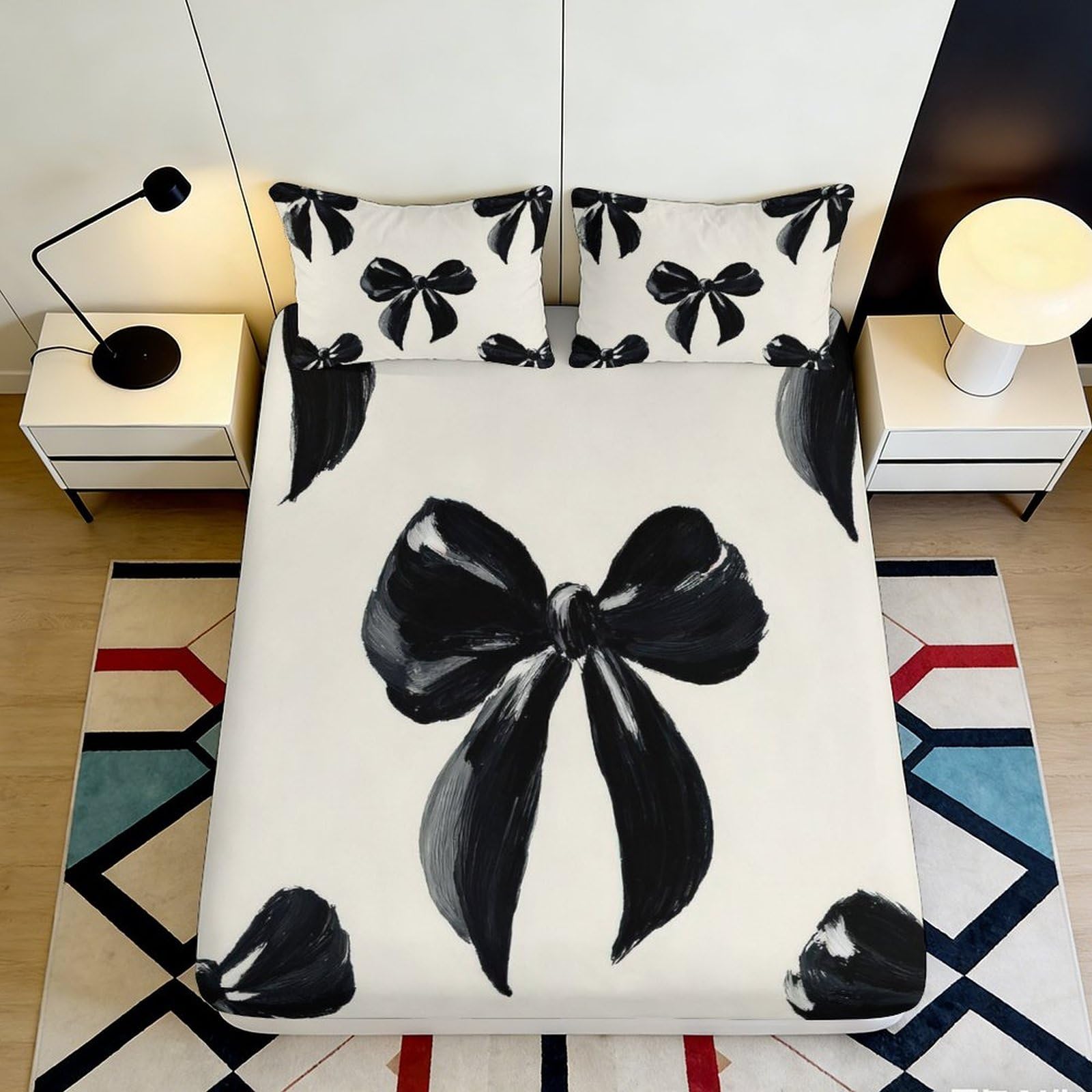 Pnayamiorkfel Style-7 3D Printed Black Bow Fitted Sheet Microfiber Soft White Ribbon Bed Cover For Bedroom Guestroom Mattress Decor 90X200x25cm