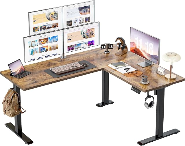 BEXEVUE 63"x55" L Bureau en forme, Bureau en sit réversible, Bureau réglable en hauteur électrique L, Bureau à angle avec crochets, Bureau d'accueil, Conseil en écaille, Rustique Brown