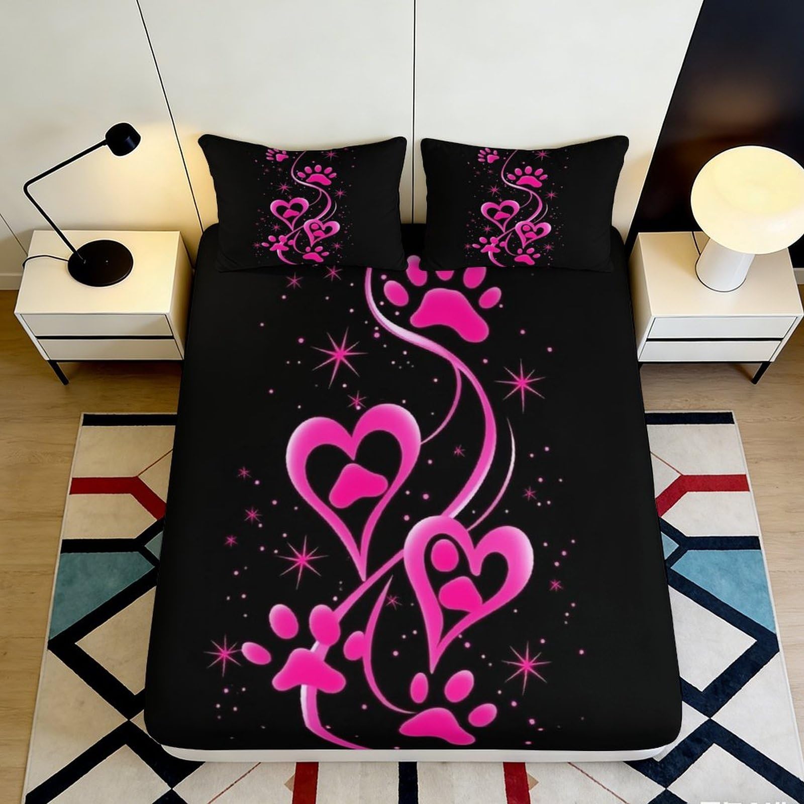 3D Printed Pink Heart Paw Fitted Sheet Microfiber Non-Slip Mattress Cover for Bedroom Dorm Easy Care Decor 140x200x25cm