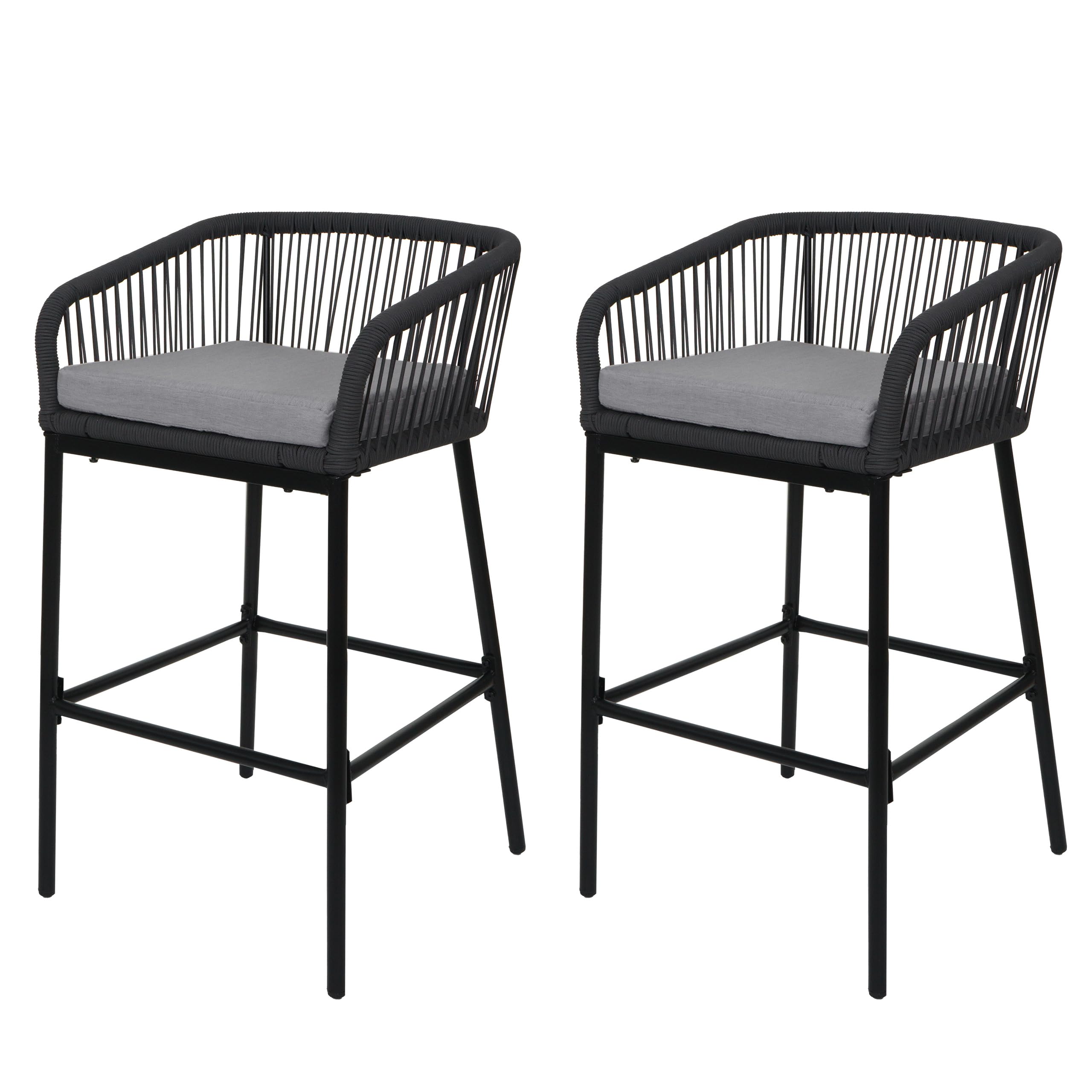Tabourets de bar avec dossier en corde tressée Mendler HWC-O22 gris et anthracite