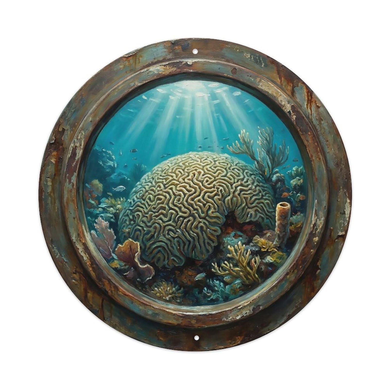 Vintage Porthole Brain Coral Massive Ship Window Undersea Deep Sea Metal Tin Sign
