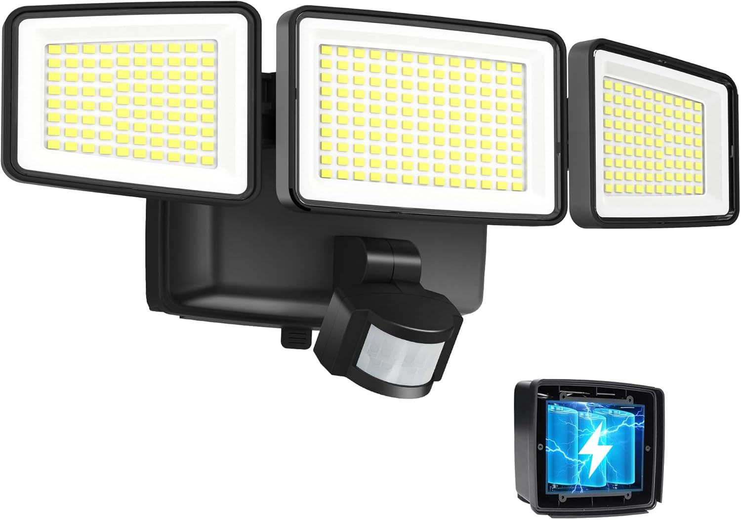 UME Battery Powered Motion Sensor Outdoor Lights 302 LED 1800LM, IP65 Waterproof Battery Operated Flood Lights Outdoor, 3 Heads Security Motion Light with 3 Modes for Garden Patio Yard Black 1 Pack