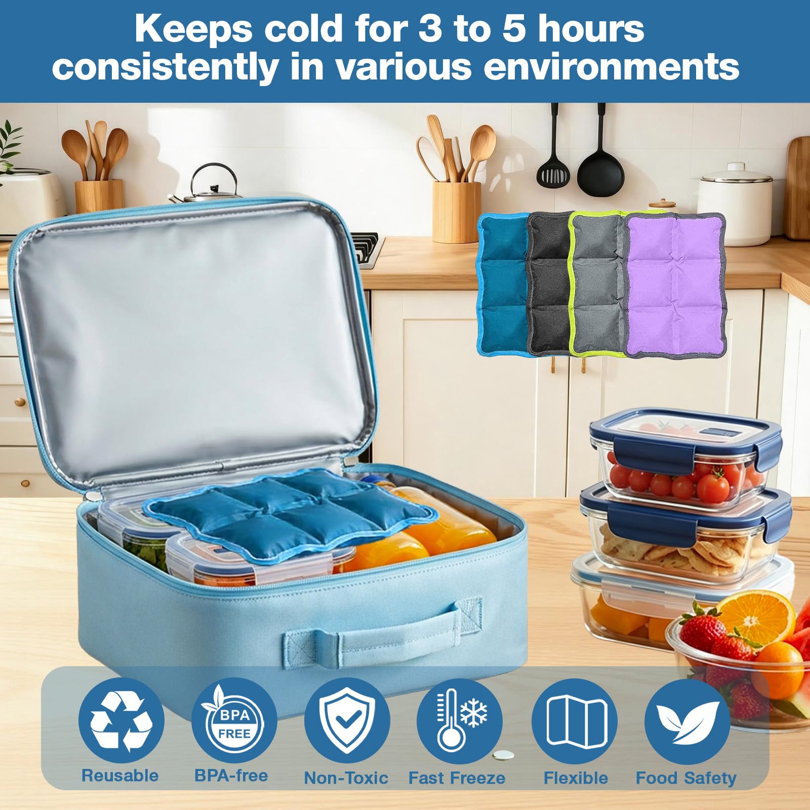 KATELUO 4 Pezzi Ghiaccio per Borsa Termica Riutilizzabili, Portatile Mattonelle Refrigeranti, Piccolo Ghiaccioli per Borsa Frigo, Elementi Refrigeranti per Viaggi, Scuola, Picnic