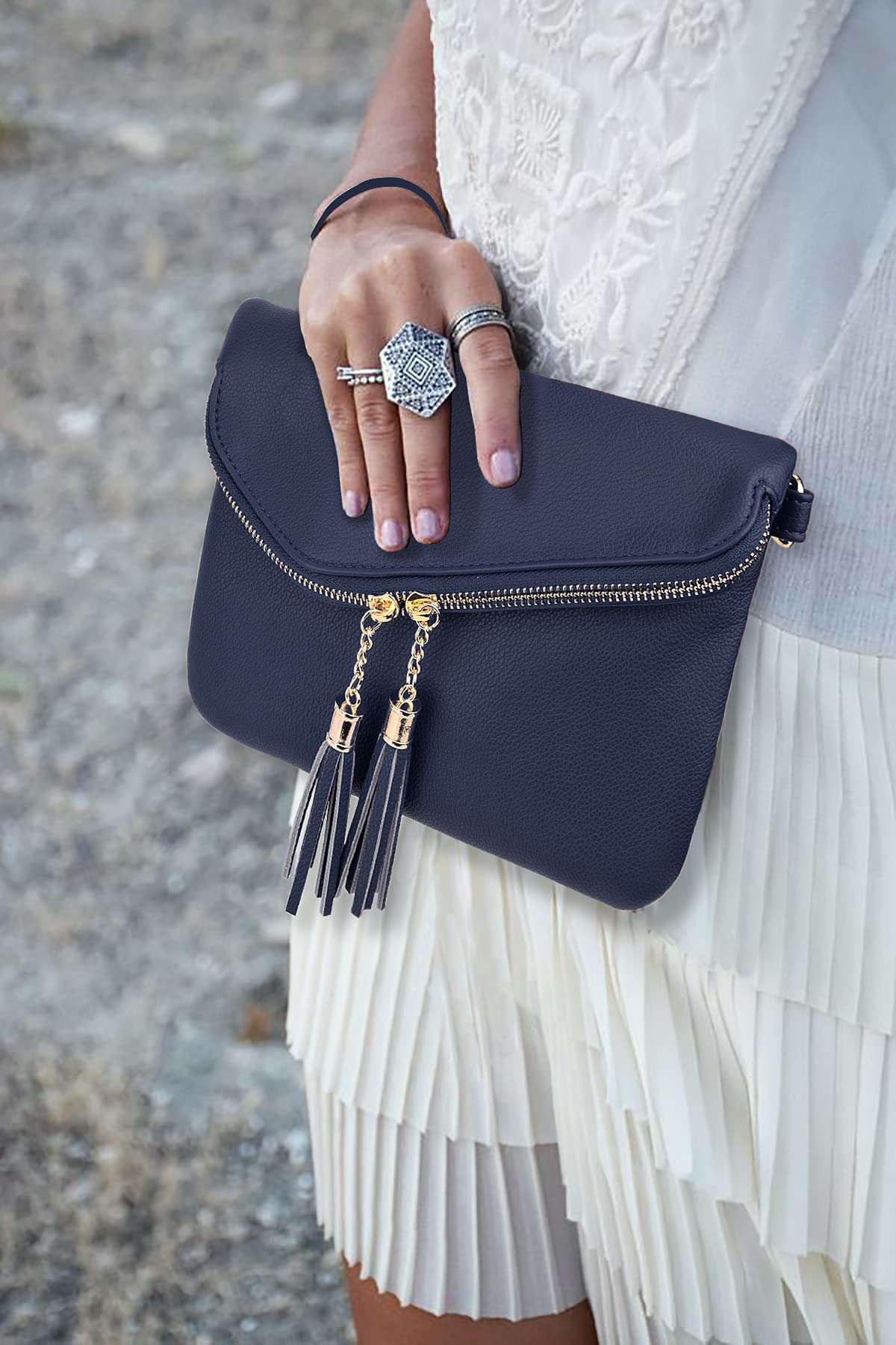 UTO Envelope Wristlet Clutch Crossbody Bag for Women Double Tassel Cellphone Trendy Purse with Strap and Zip Pocket Royal Blue