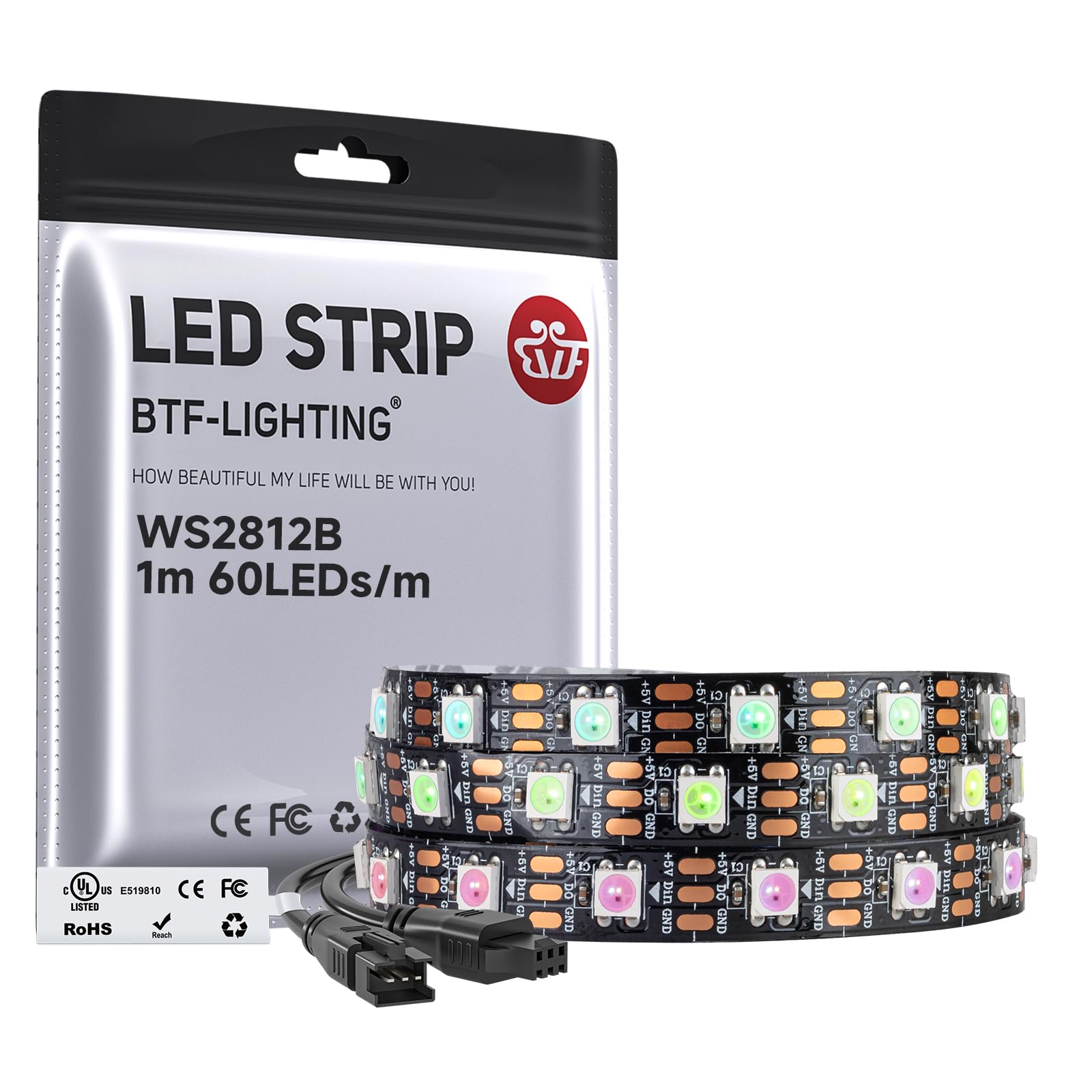 BTF-LIGHTING WS2812B GRB IC 1M 60LEDs/M Individually Addressable 5050SMD LED Strip Black PCB Only DC5V IP30 Non-Waterproof Full Color Flexible Pixel Strip Dream Color for DIY Decoration(Only Strip)