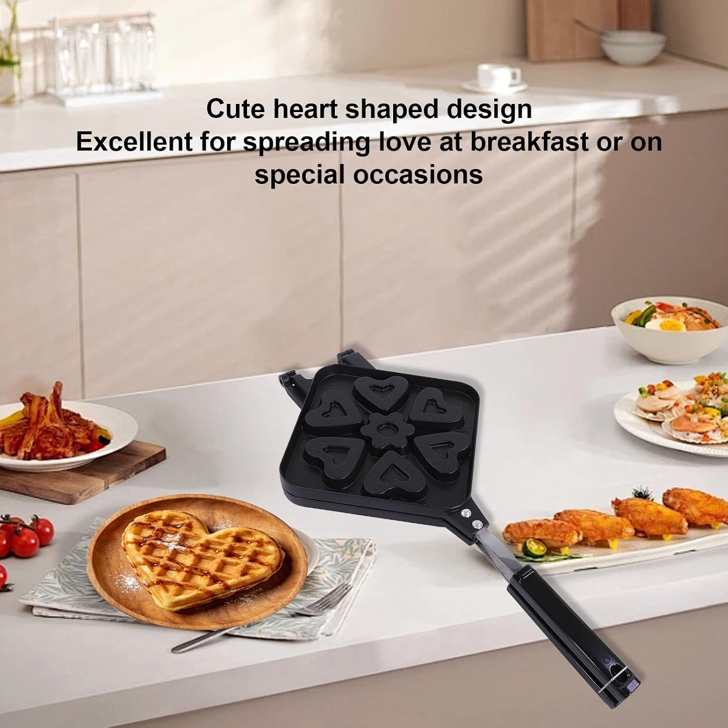 Diydeg Heart Waffle Maker Pan, Aluminum Heart Shape Double Side Stovetop Waffle Cake Baking Pan with Sturdy Structure and Nonstick Coating, Mini Maker for Home Breakfast