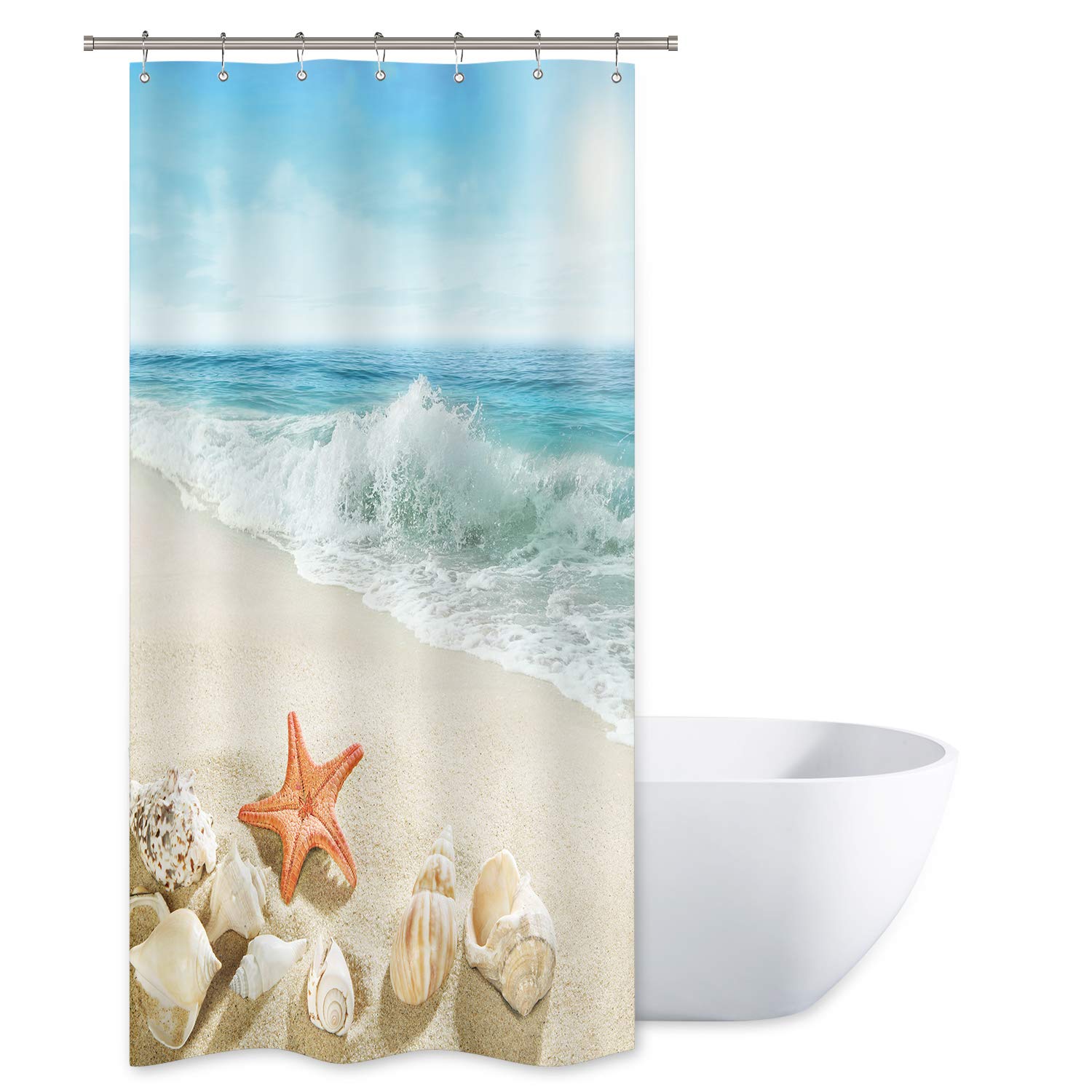 Tenda Da Doccia Nautica Costiera 182x182 Cm, Blu Oceano Con Conchiglie E Stelle Marine, Tessuto Poliestere + Ganci - 4