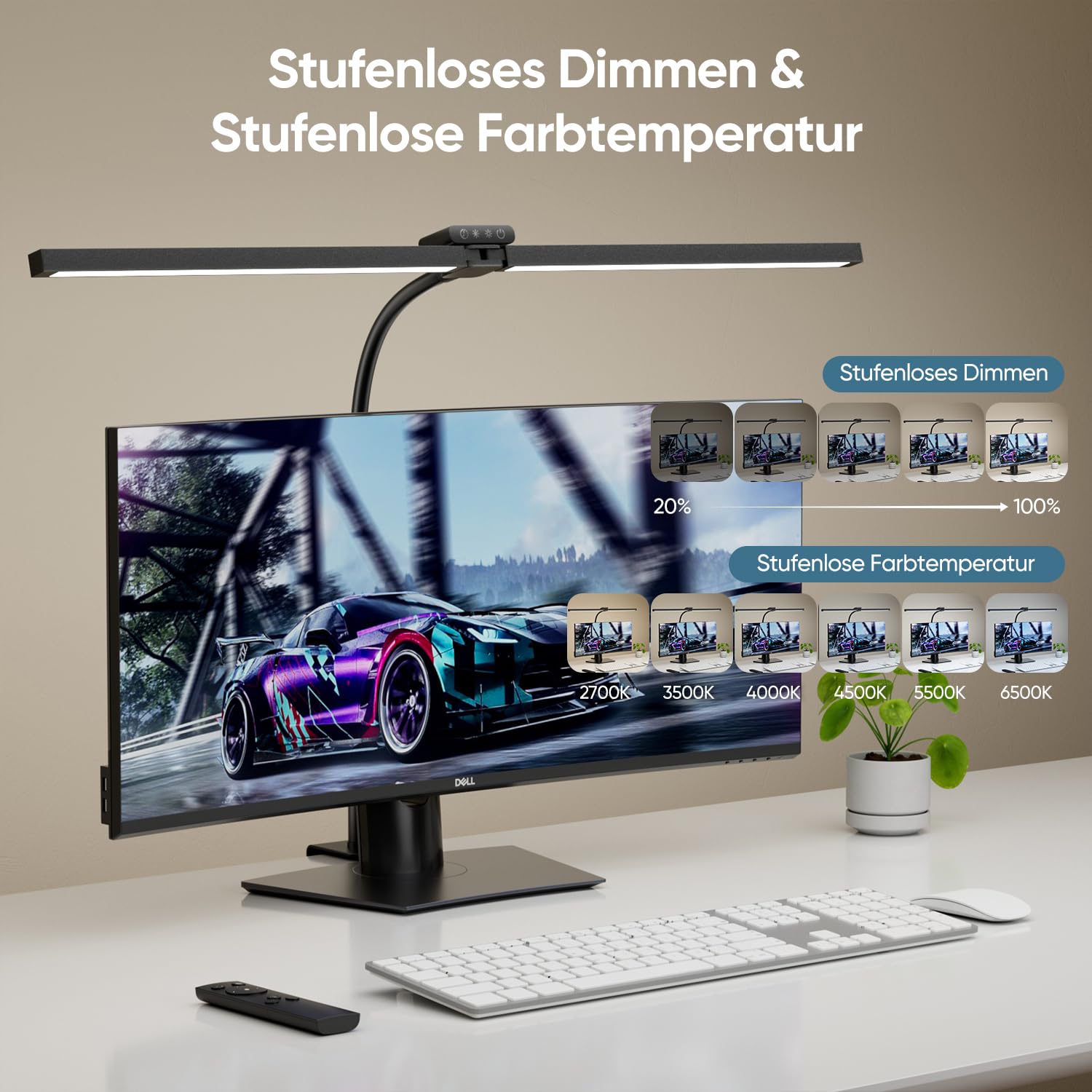 brightower Doppelkopf Schreibtischlampe LED Dimmbar, 24W 80CM Schreibtischlampe klemmbar für Homeoffice, Augenschutz Tageslichtlampe mit Fernbedienungen, Schwanenhals Büro Tischlampe 5 Farbmodi