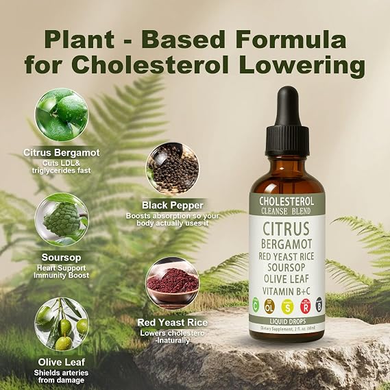Red Yeast Rice Drops, Citrus Bergamot Red Yeast Rice, High Absorption Cholesterol Support Blend with Red Yeast Rices, Citrus Bergamot, Olive Leaf & Soursop, Natural, Non-GMO, Vegan - 2 fl oz