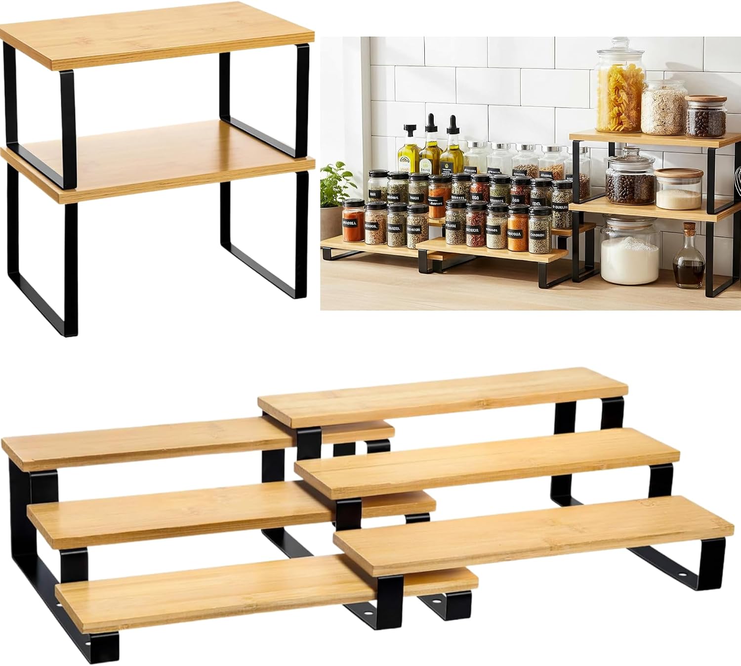 Marsui 4Pc Kitchen Counter Organizer, Stackable Display Risers, Black Stand