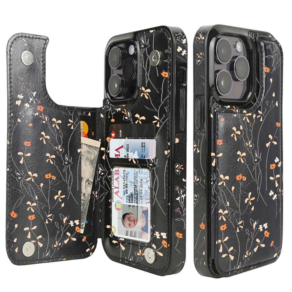 uCOLOR Compatible with iPhone 15 Pro 6.1" Wallet Case with Card Holder Slot Folio Flip PU Leather Kickstand Double Magnetic Clasp and RFID Blocking