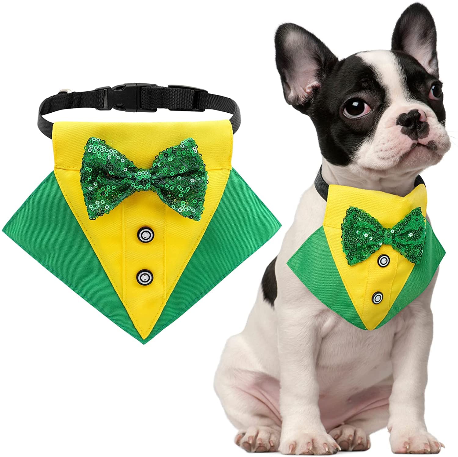 PETANGEL Dog Tuxedo,Pet Yellow Collar Puppy Costume Adjustable Dog Bandana Scarf Doggie Bibs, Irish Lucky Dress-Up Dog Bow Tie with D-Ring for Small Dogs (Size: S, Adjustable Neck: 25-40cm) (B0B8D34F9D) Amazon Price History, Amazon Price Tracker