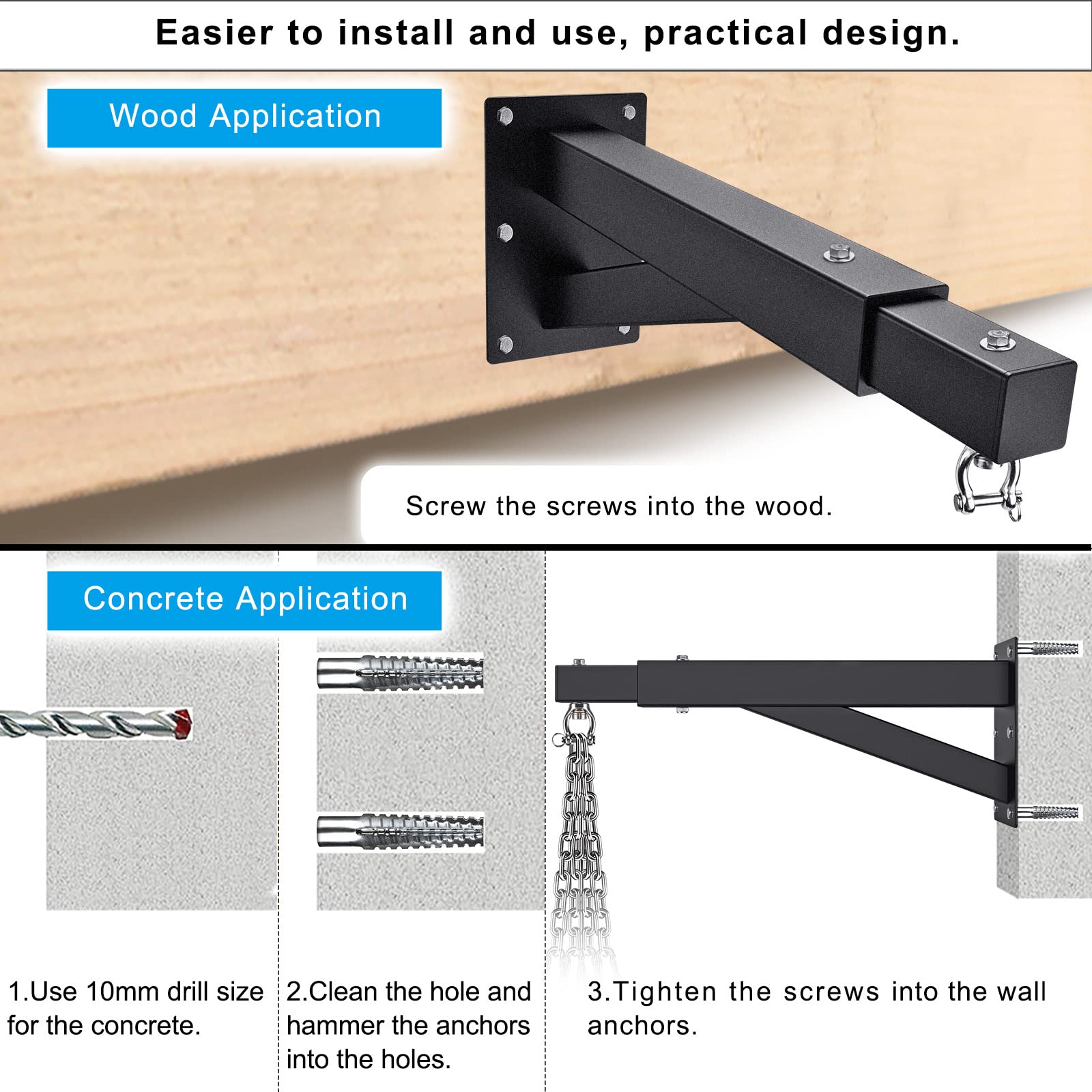 SELEWARE Heavy Bag Wall Mount Heavy Duty Heavy Bag Hanger Punching Bag Bracket for Boxing, Muay Thai and MMA Training Bar Length Adjustable, Come with Heavy Bag Chains