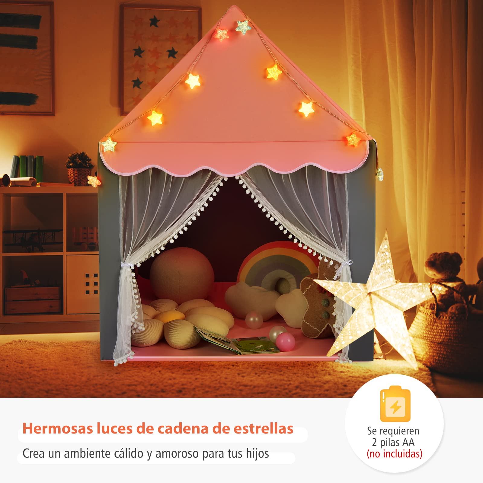 COSTWAY Carpa para Niños con Colchoneta Lavable, Luces de Estrella, Ventanas, Cremalleras Inferiores, Carpa Castillo de Hadas, Casa de Juegos, Tienda Infantil de Campaña para Niños y Niñas (Rosa)