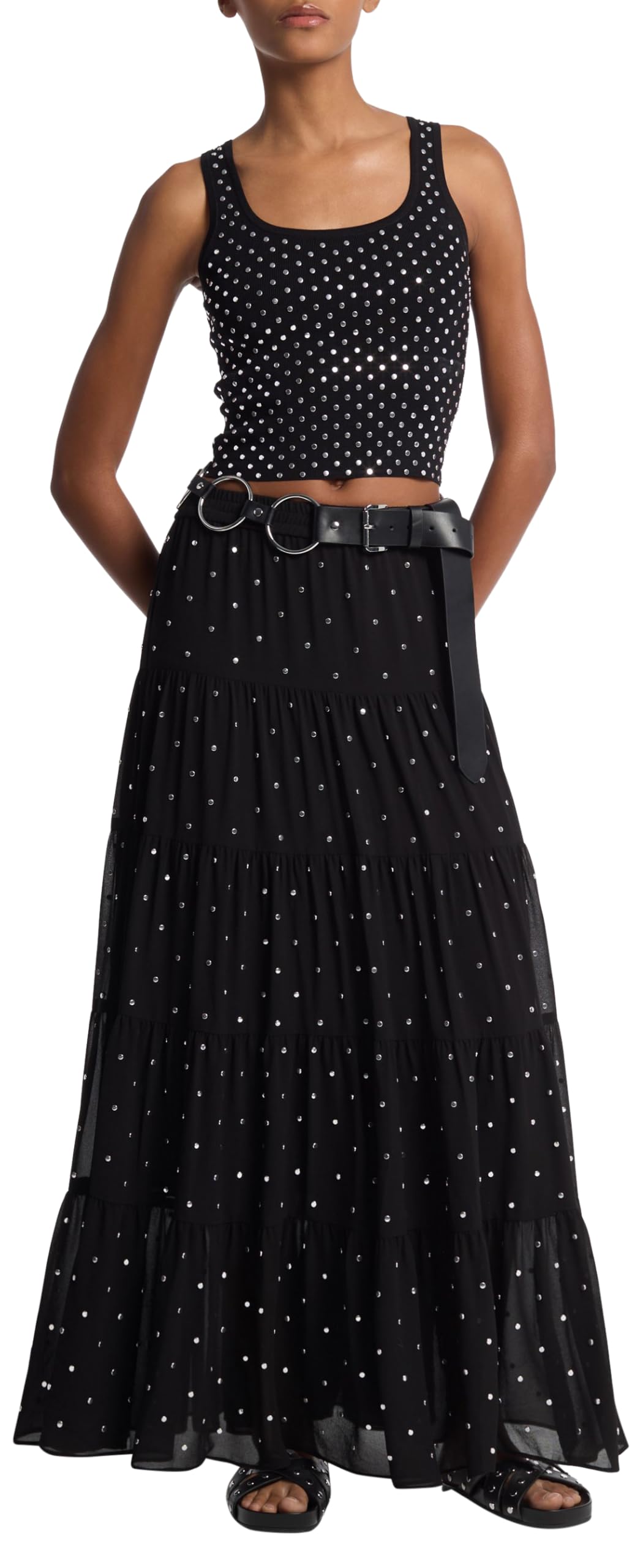 Michael Kors Womens Stud Scoop Neck Cropped Tank Top