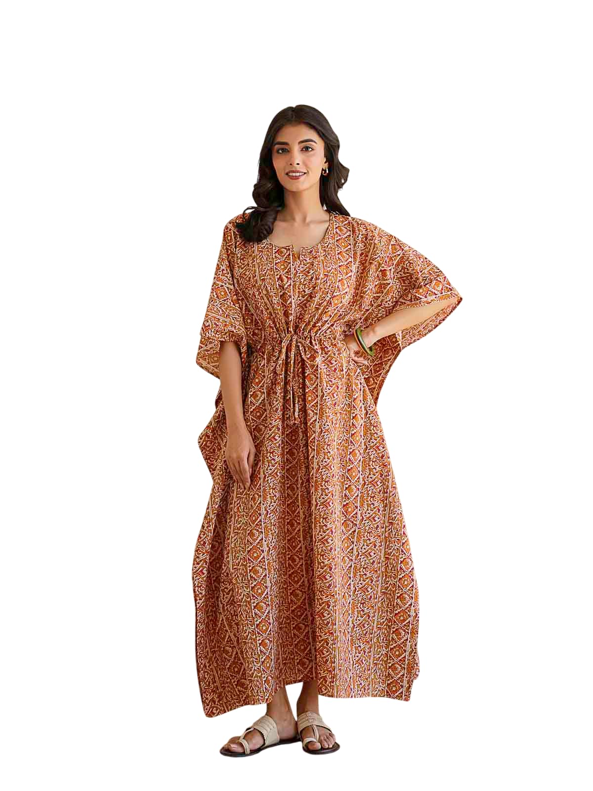 Women Kaftan Dress Floral Print Loose Fit V Neck Maxi Beach Cover Up Lightweight Summer Resort Wear-image-2