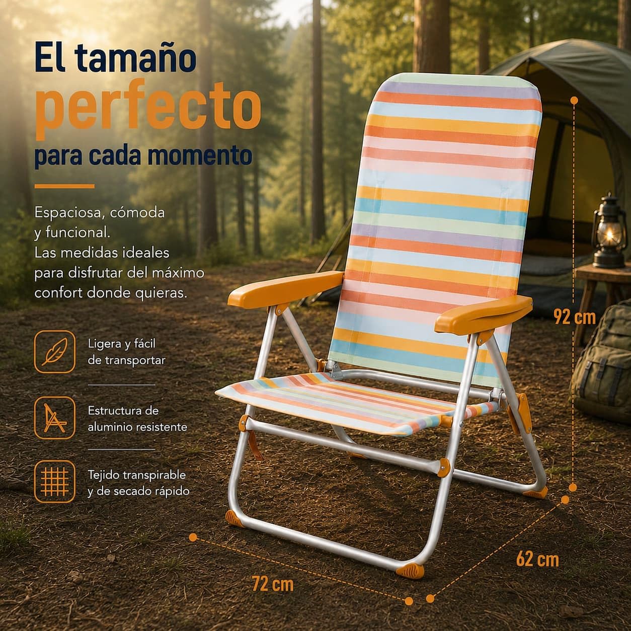 Silla de Camping Respaldo Alto - Plegable y Reclinable - para Playa, Terraza, Piscina, Jardín - 37cm Altura Asiento - Ocre a Rayas - con Asas de Fácil Transporte y Reposabrazos - Textileno y Aluminio