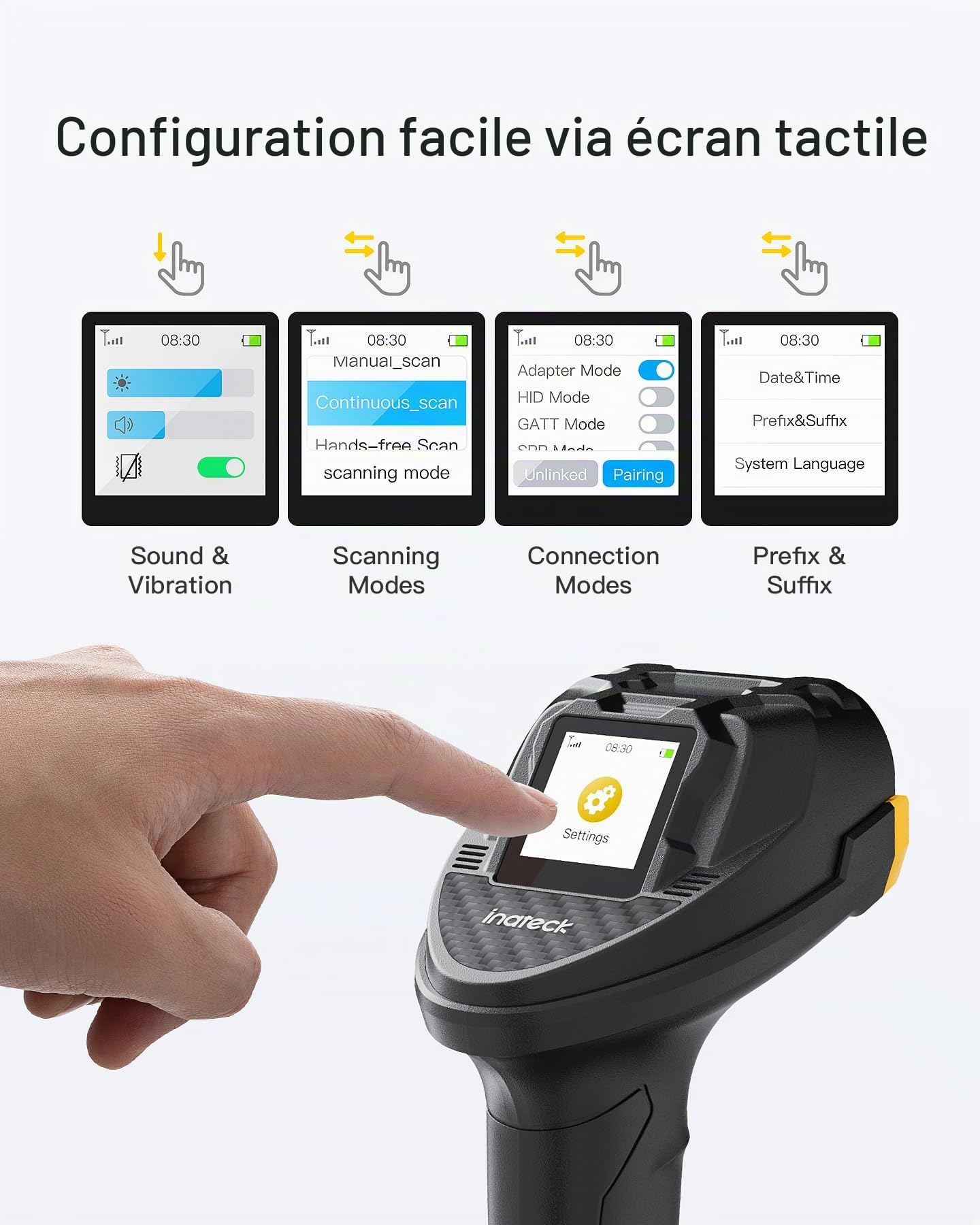 Inateck Scanner de Code-Barres Bluetooth, Scanner 2D 1D sans Fil, Scanner de Code QR, avec Écran Tactile et Base Intelligente, Modules Doubles CMOS+CCD, Supporte App SDK,Pro 8