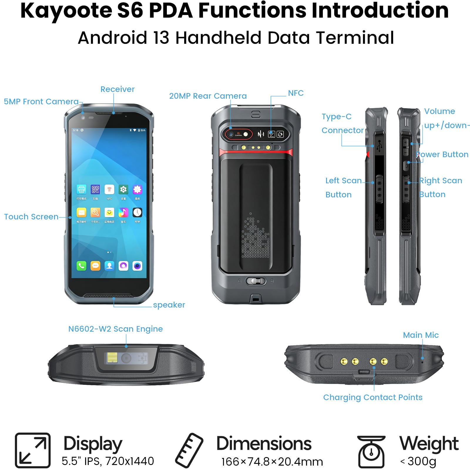 Kayoote S6 Escáner de Código de Barras Android 13, PDA Computadora Móvil Táctil 5.5", Octa-Core 6GB+64GB, Escáner 1D/2D/QR, Batería 5200mAh, 4G WiFi NFC Terminal de Datos de Inventario
