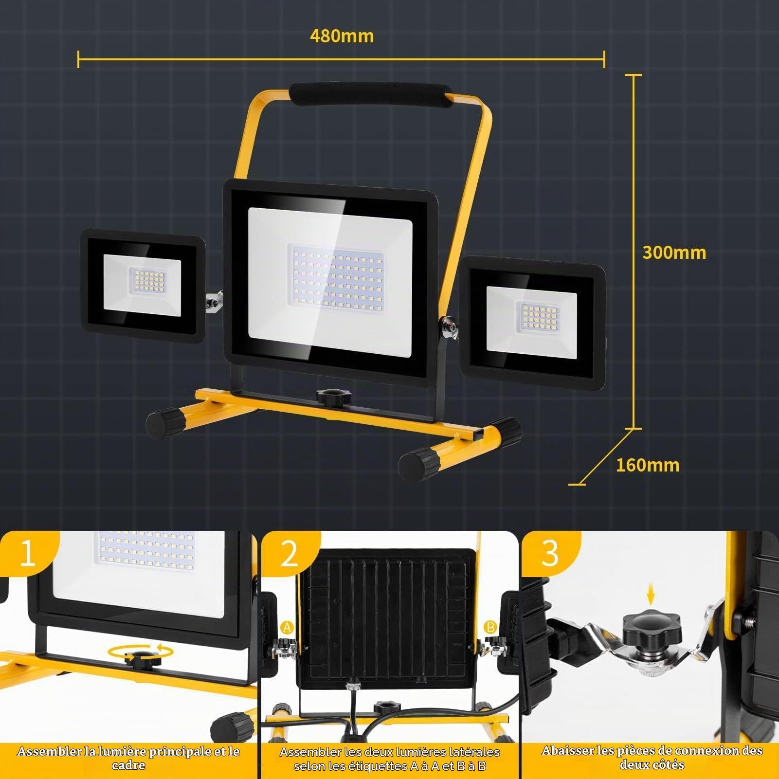 Viugreum Projecteur Led Chantier 100w 8000LM Luminaire Exterieur à Trois Têtes Avec Prise Câble de 3M Étanchéité IP65 Blanc Froid 6500K Portable Lampe Chantier pour Atelier Garage Construction