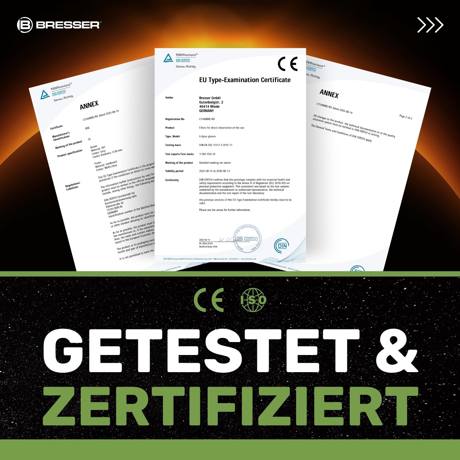 Bresser Gafas Eclipse Solar homologadas CE ISO 12312-2 pack 50 Diseño A | Absolutamente seguras, listas para los eclipses solares 2026, 2027, 2028, lámina astrosolar, imagen solar amarilla natural