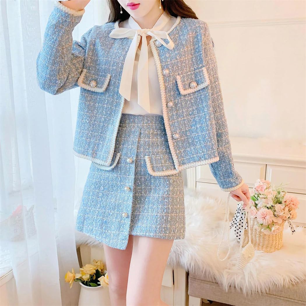 Women's Tweed 2 Piece Set Pearl Button Short Coat with Irregular Skirt Outfit Suits