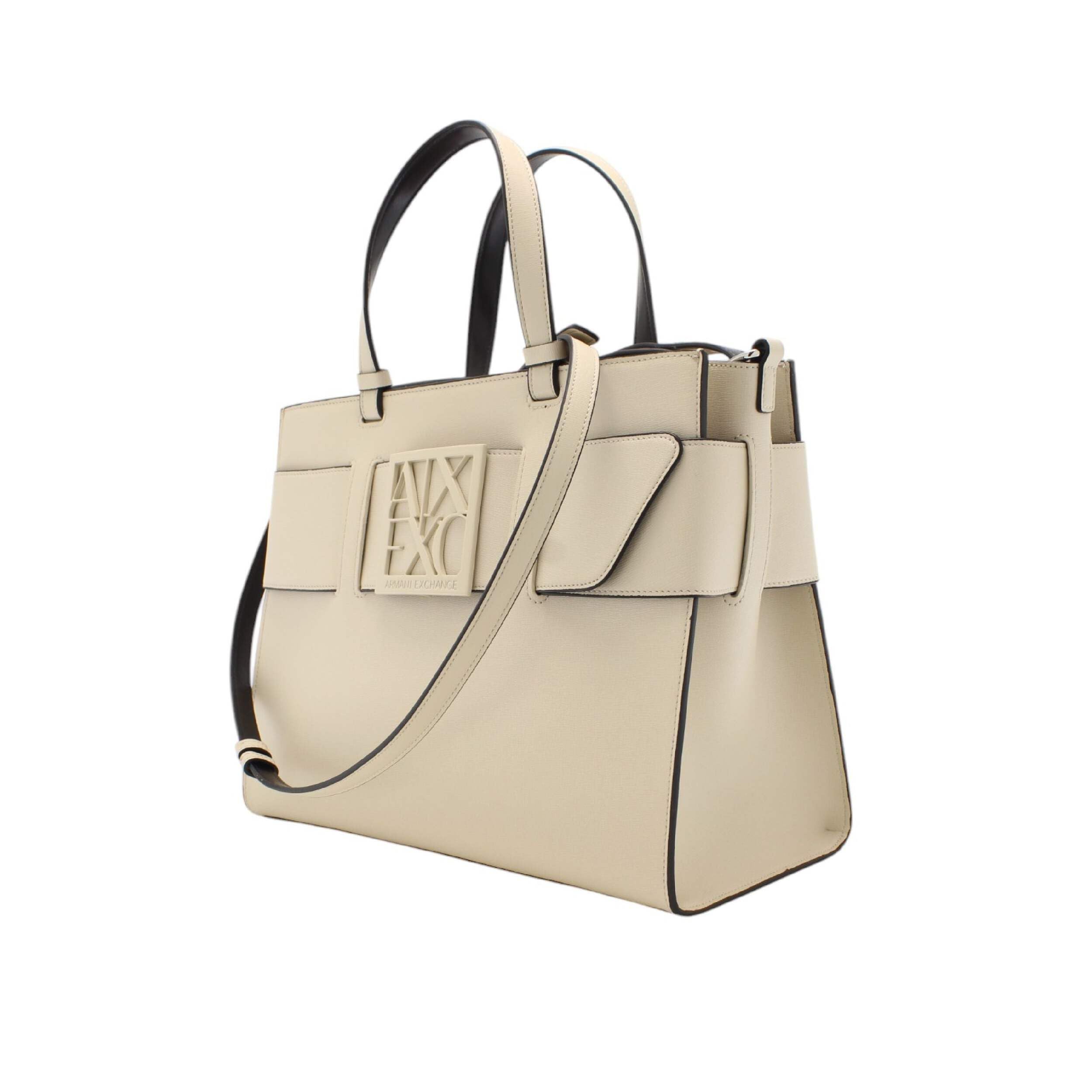 Armani Exchange Bolso de mano para mujer, de piel sintética, diseño elegante, con logotipo, color negro y blanco, talla M