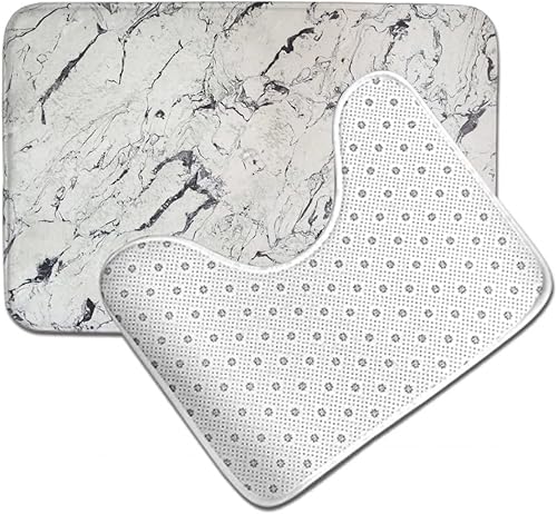 Miniatura 5 de Juego de 2 alfombras de contorno de baño compatibles con textura de mármol blanco, tapete de ducha de espuma viscoelástica de franela y alfombra de