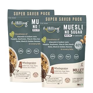 Fulfilling Muesli Sugar free (700gx2) Pumpkin, Flax & Chia seeds, Dry fruit & Nuts Rolled Oats + Millet flakes No added Sugar snack | Gluten free Healthy Breakfast