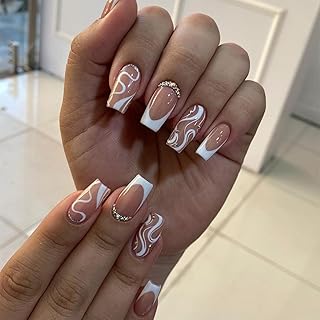 24 Stück Press on Nails Quadratische Mittel, Französische Spitze Rhinestones Pink Falsche Nägel Akrylnägel Kunstliche Nägel für Frauen und Mädchen