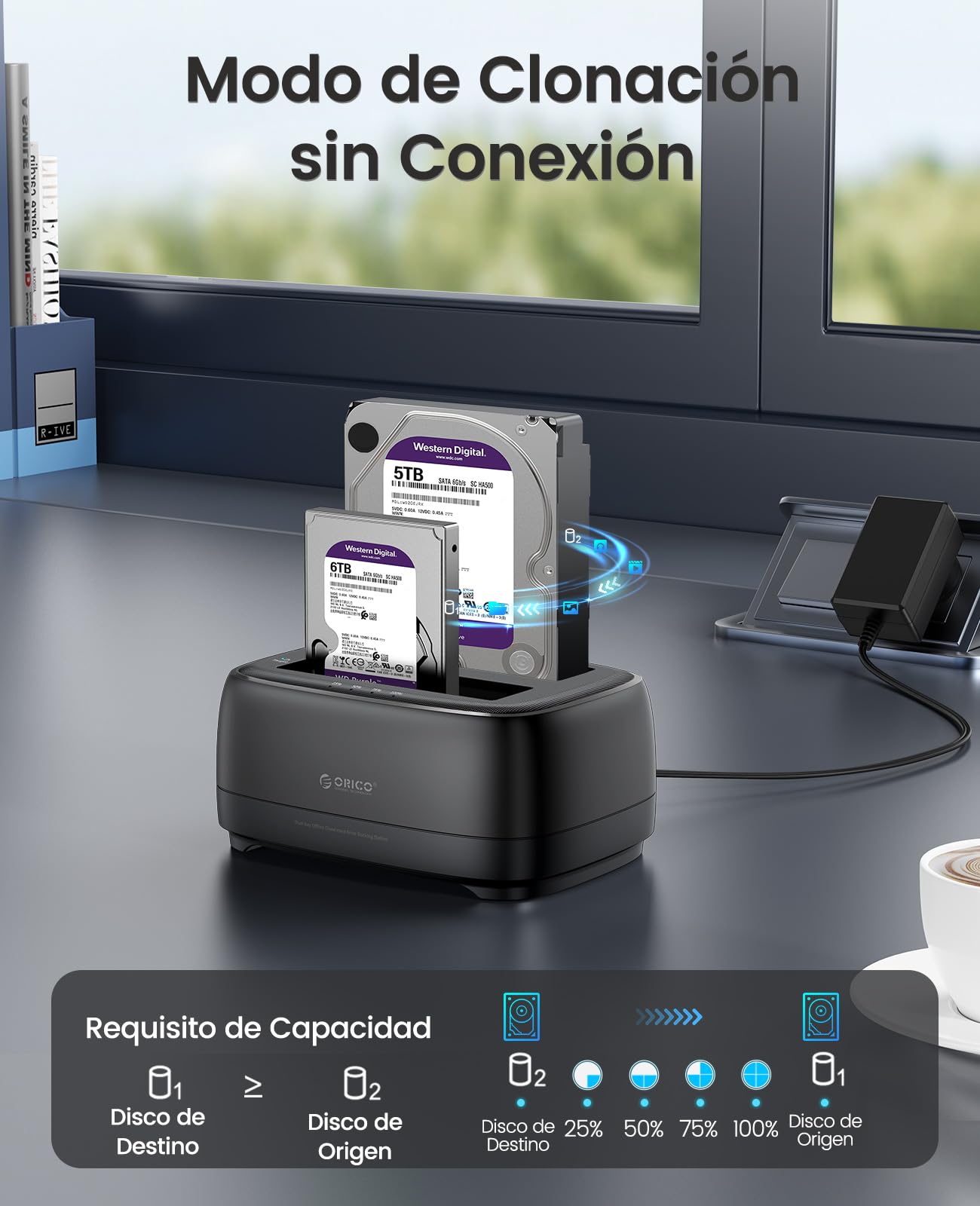 ORICO Estación de Acoplamiento de Disco Duro USB 3.2 Gen 1 con Offline Clonación Doble Bahía Bases de Conexión para SATA SSD/HDD de 2,5'' y 3,5", hasta 40 TB con UASP (DD28C3-C)