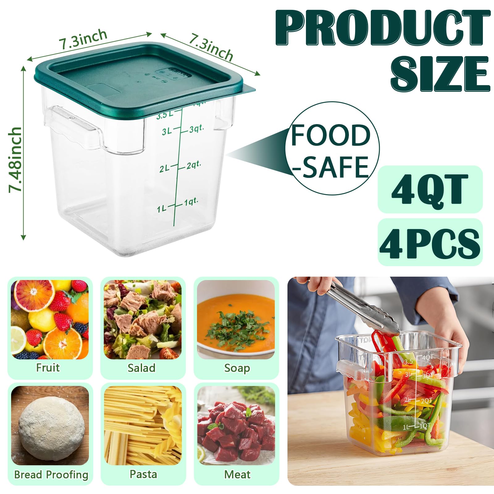 Paquete de 4 recipientes de almacenamiento de alimentos con tapas verdes, 4 cuartos de galón, cuadrados, transparentes, para almacenamiento de alimentos comerciales, con asas de escala, para el hogar,