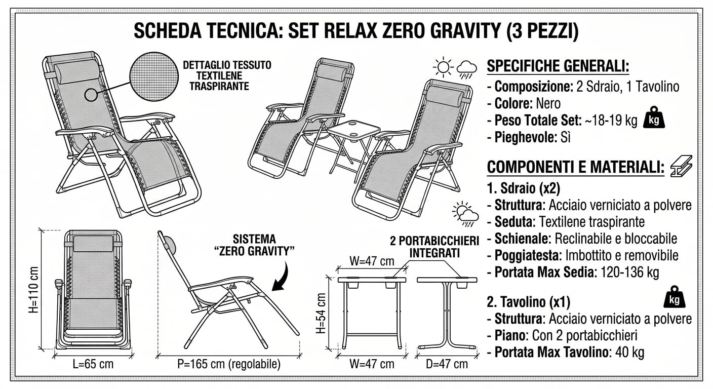 Set 2 Sdraio Zero Gravity con Tavolino 3 Pezzi – Sedia Reclinabile Pieghevole Textilene Nero – Schienale Bloccabile – Portata 120 kg – Arredo Giardino Terrazzo Piscina Mare Spiaggia