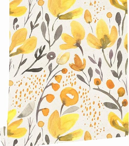 Papel tapiz autoadhesivo Kapok de flores frescas amarillas, autoadhesivas, para despegar y pegar, removible, acuarela, sin costuras, prepegado,