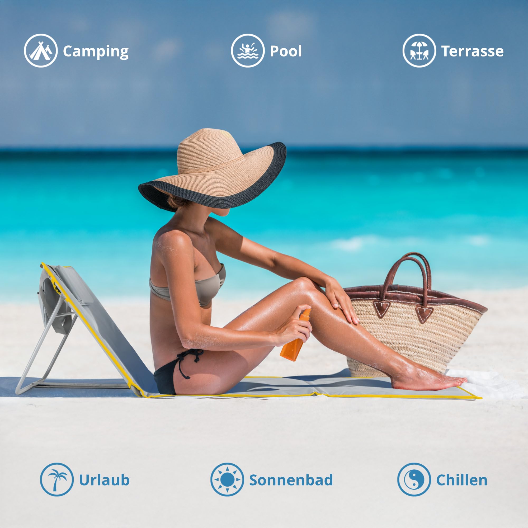 Stagecaptain Beachmatte “Layla” 2X Set - Gepolsterte Strandmatten mit Kopfkissen - Verstellbare Rückenlehne - Aufbewahrungstasche mit Reißverschluss - Leichte Faltbare Strandliege mit Tragegurt