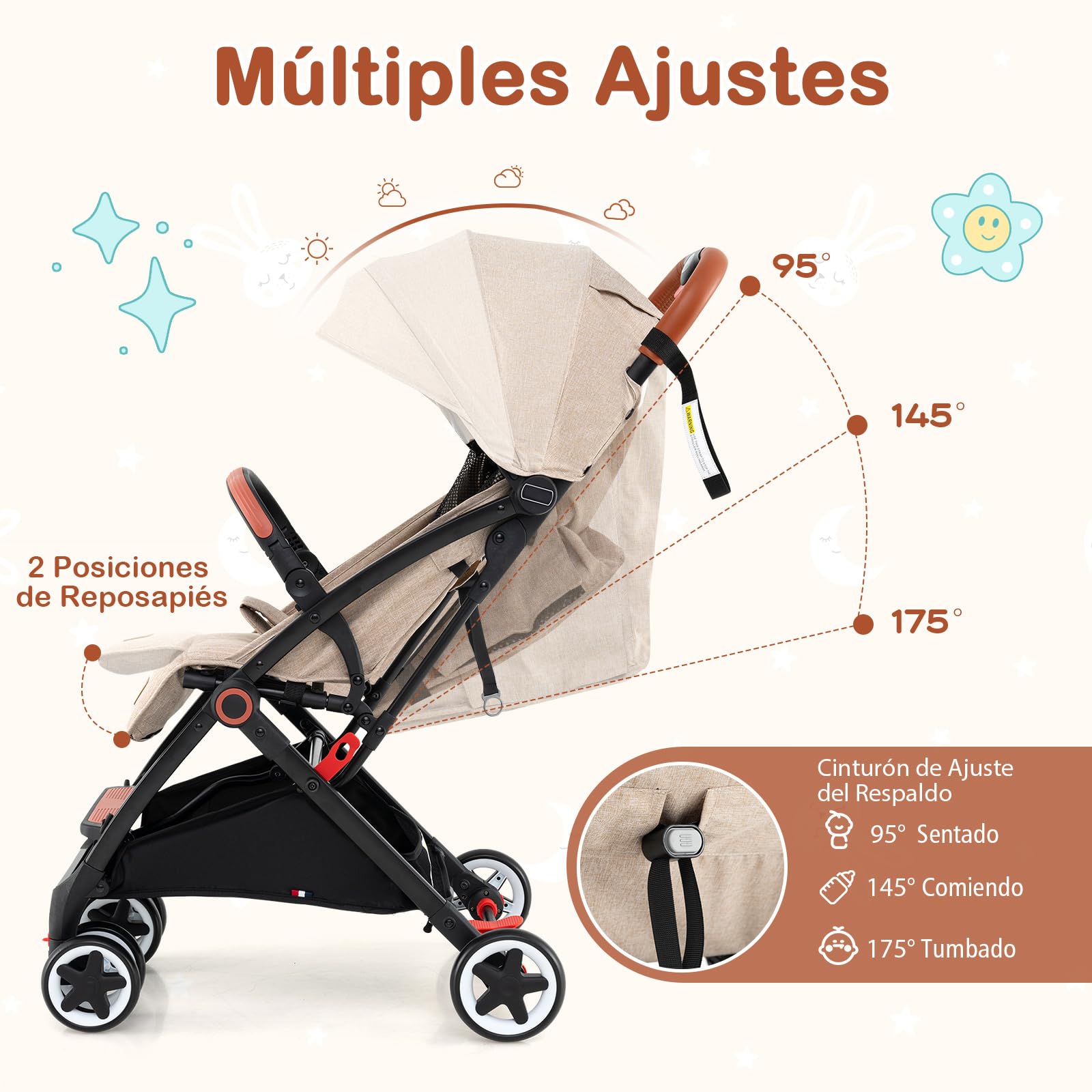 COSTWAY Silla de Paseo Plegable, Cochecito de Bebé con Solo Botón de Plegado, Marco de Aluminio Ligero, Respaldo y Reposapiés Ajustables, Toldo Retráctil para Bebés de 6-36 Meses (Beige, Sin Mochila)