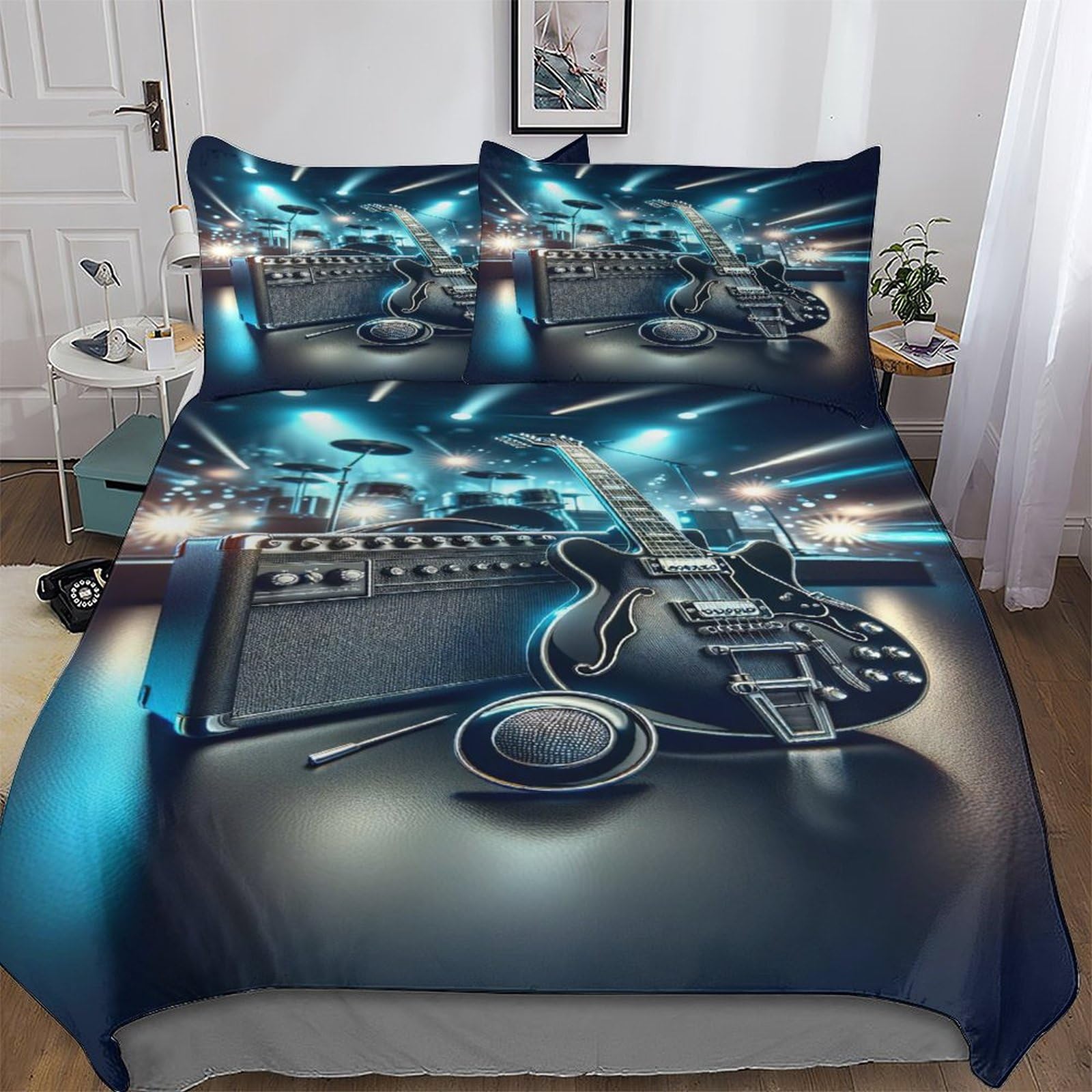 AAPZY Guitars Bedding Quilt Cover 3 Pieces Sets Easy Care Super-Soft Polycotton Comforter Cover Comfortable & Durable Duvet Cover with Pillowcases For Boys Girls Double (200x200cm)