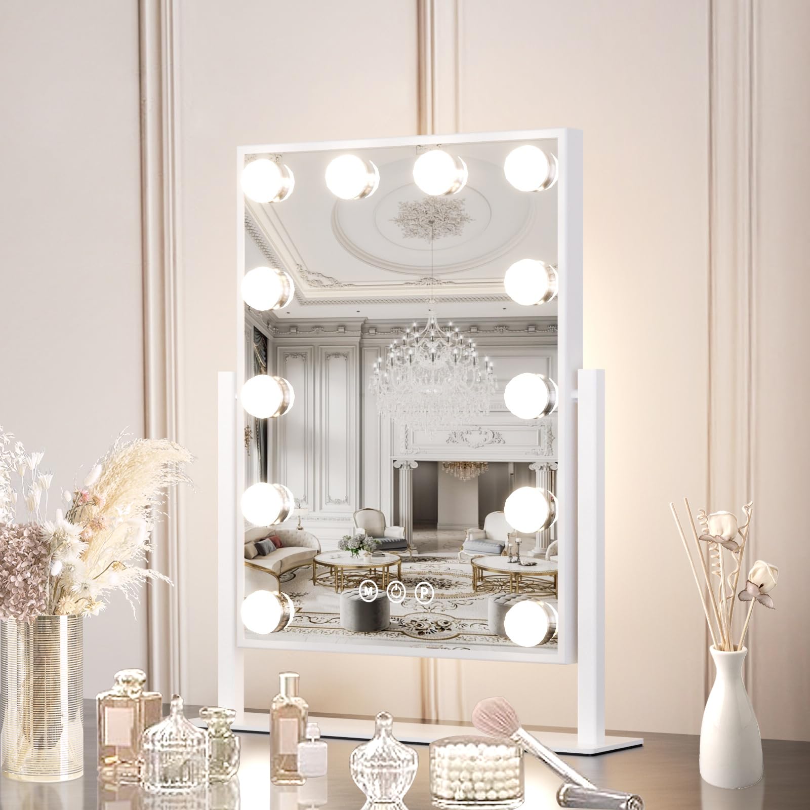 Vanity Mirror with Lights 14" x 19", Lighted Makeup Mirror 12 Dimmable Bulb, Smart Touch Hollywood Vanity Mirror, 3 Color Temperature, White