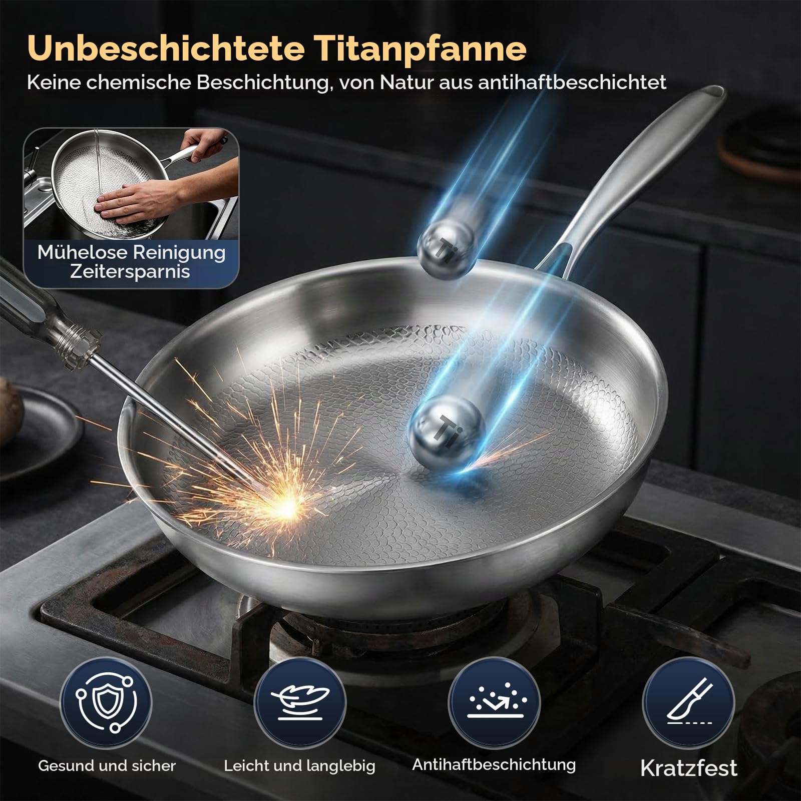 Bratpfanne 30 cm Antihaft Wabenpfanne mit Deckel & Holzpfannenwender, Titan-Pfanne Edelstahl-Induktionsboden, für alle Herdarten geeignet, ofen- und spülmaschinenfest, PFOA frei
