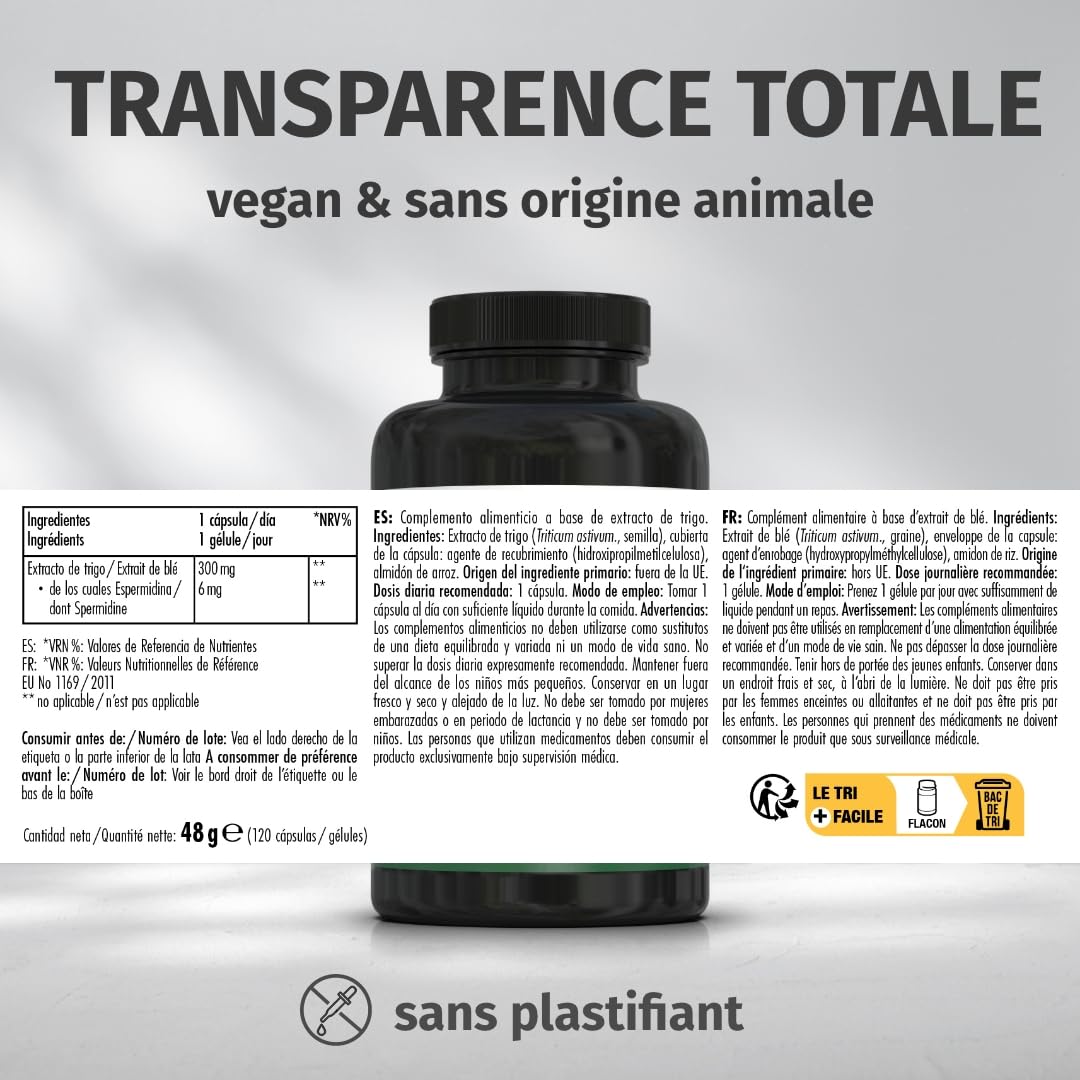Spermidine Forte – Hautement dosé : 6 mg par capsule d'extrait de germe de blé – Testé en laboratoire – 120 gélules Green Naturals®