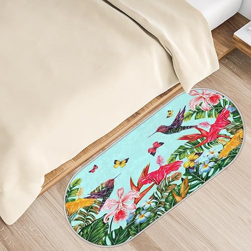 Alfombra ovalada de flores tropicales pequeñas para dormitorio, mesita de noche, colibrí, alfombra de pasillo suave, alfombra moderna y esponjosa