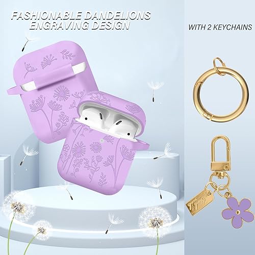 Miniatura 2 de Funda de silicona suave con grabado de flores, compatible con AirPods de 2 y 1 generación, con bonito llavero de flores y mosquetón para niñas y