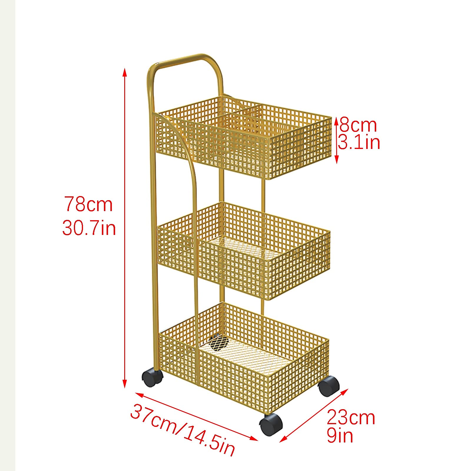 Estantes flotantes Estantes de almacenamiento de baño Carro rodante de alambre de malla de 3 niveles con ruedas Estantes de almacenamiento de metal for el hogar Oficina Cocina Baño Dormitorio Dorado f