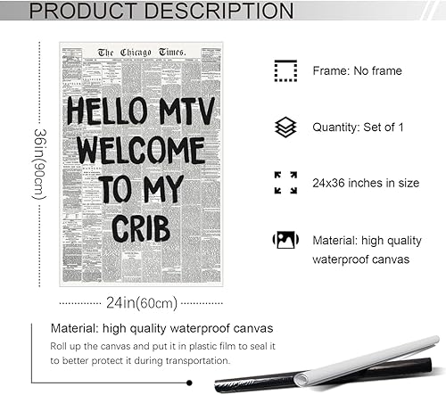 Miniatura 6 de mifyuibytr Hi MTV, arte de pared en lienzo de periódico Welcome To My Cune, póster vintage de noticias en blanco y negro, póster estético de la