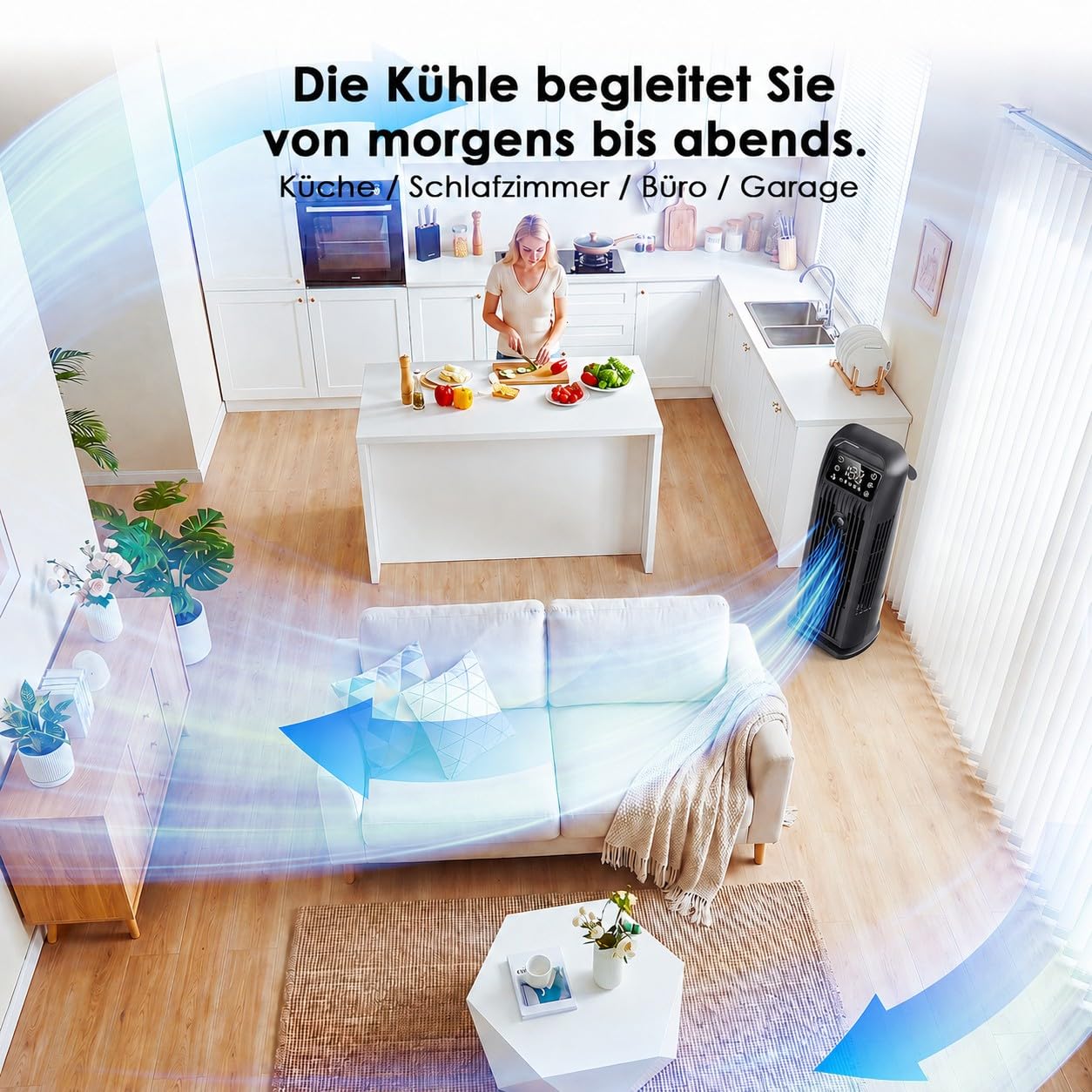 Mobile Klimaanlage ohne Abluftschlauch 6-in-1, Luftkühler mit Wasserkühlung & 1200ml Tank, 7m/s Turbo, 120° Oszillation, 1-12H Timer, 36W Leises Mini Klimagerät für Schlafzimmer & Büro, Schwarz Matt
