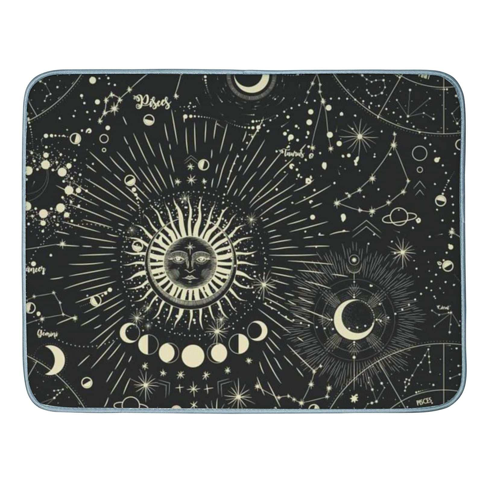 Kuizee Dish Drying Mats for Kitchen Counter Moon Phases Sun Zodiac Mysterious Astrology Reversible Absorbent Dishes Drainer Pad Machine Washable Tableware Mat Small Size 16 x 18 Inch