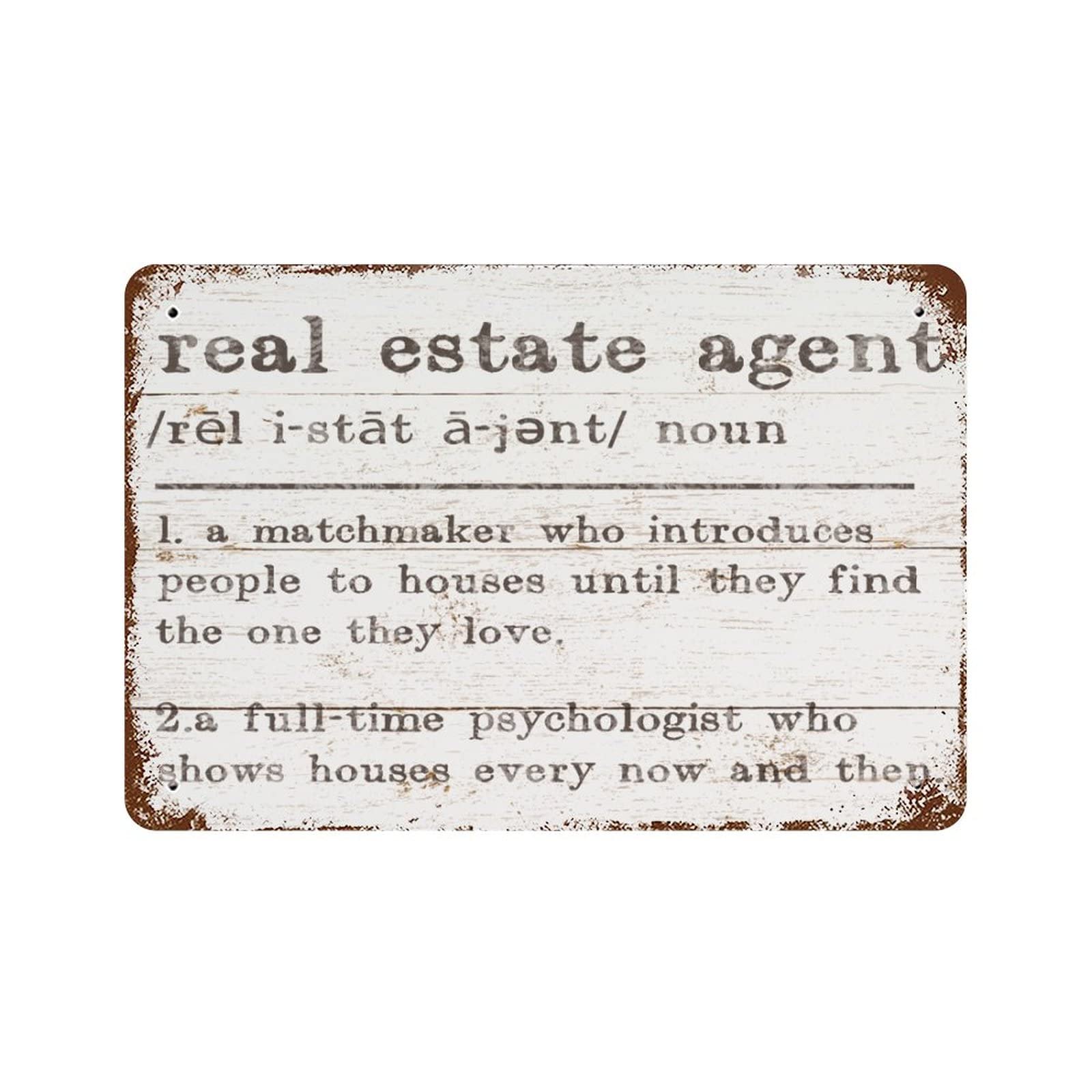 ENEDNATE Quote Metal Sign Real Estate Agent Definition Dictionary Word Meaning Retro Decorative Aluminum Tin Signs 8x12 Man Cave Metal Sign for Office School Classroom Nursery Decoration